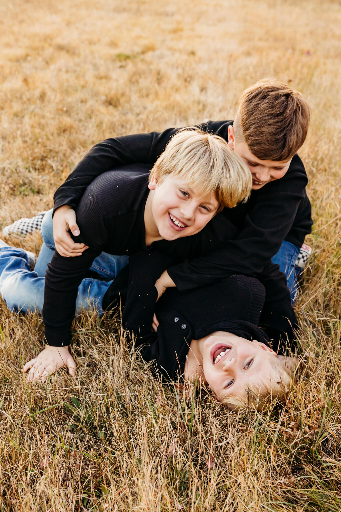 3 brothers playing with each other and laughing by Ashley Kalbus