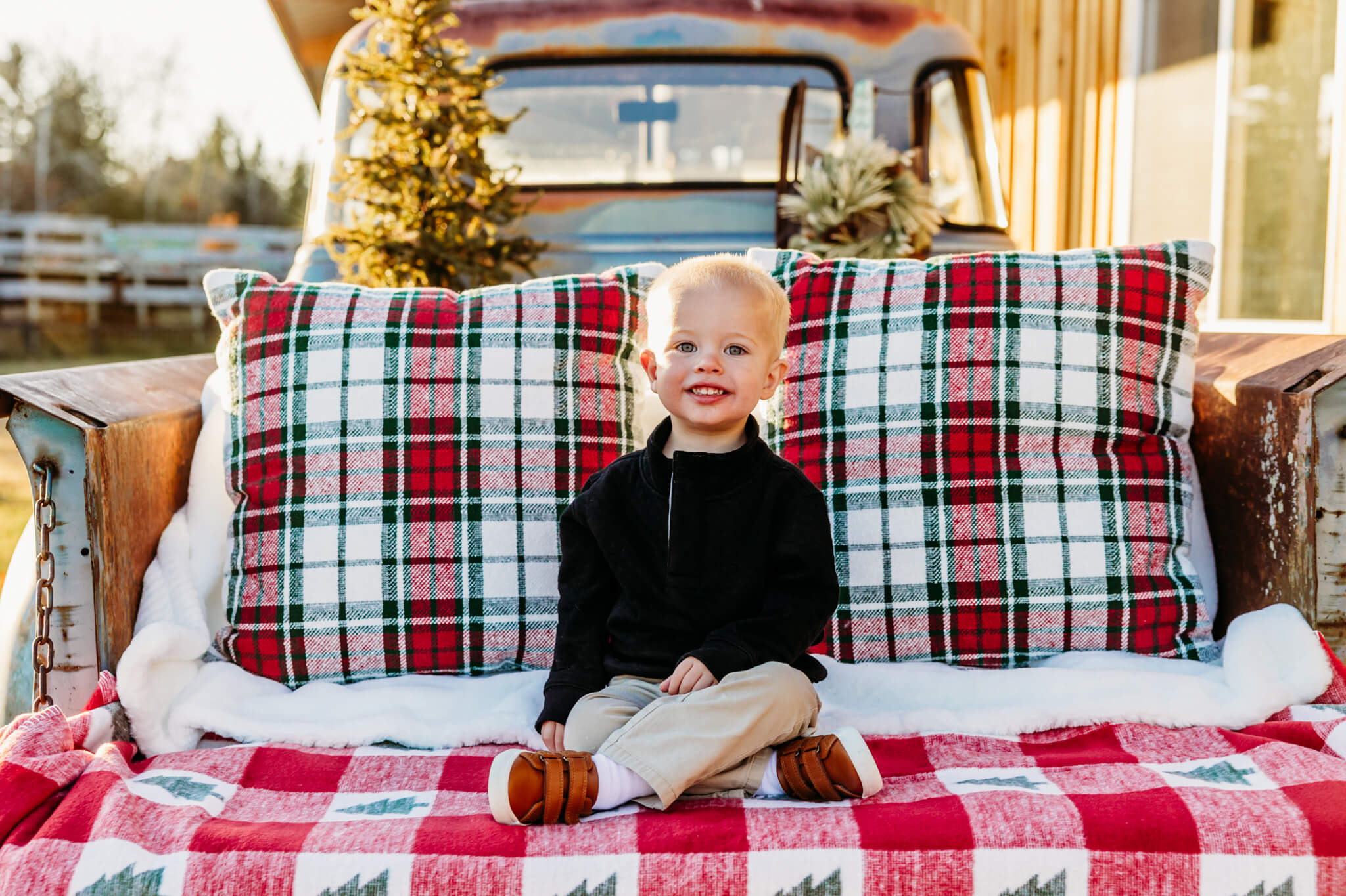 little boy in a black shirt and khaki pants sitting on the tailgate of a decorate vintage blue truck at a Christmas Tree Farm.